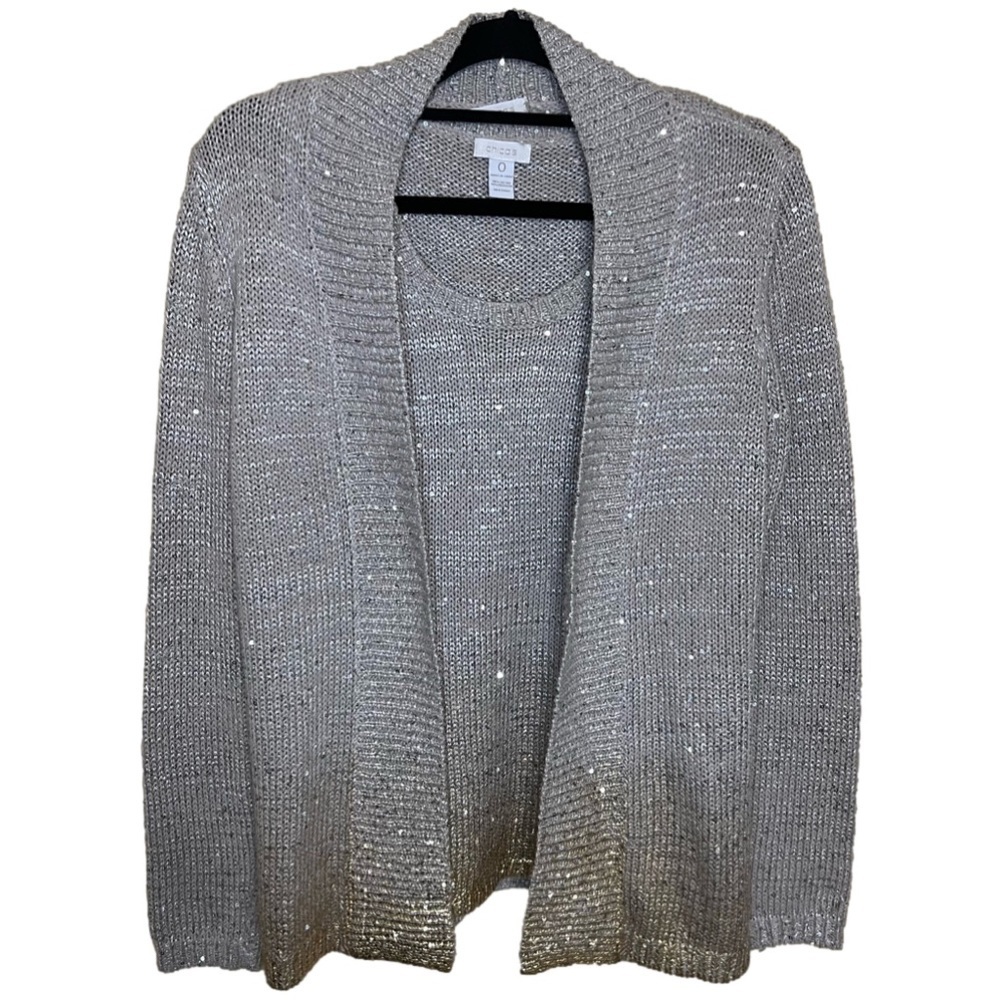 Chico’s Womens Sequin Metallic 2 Piece Cardigan Set Size 0